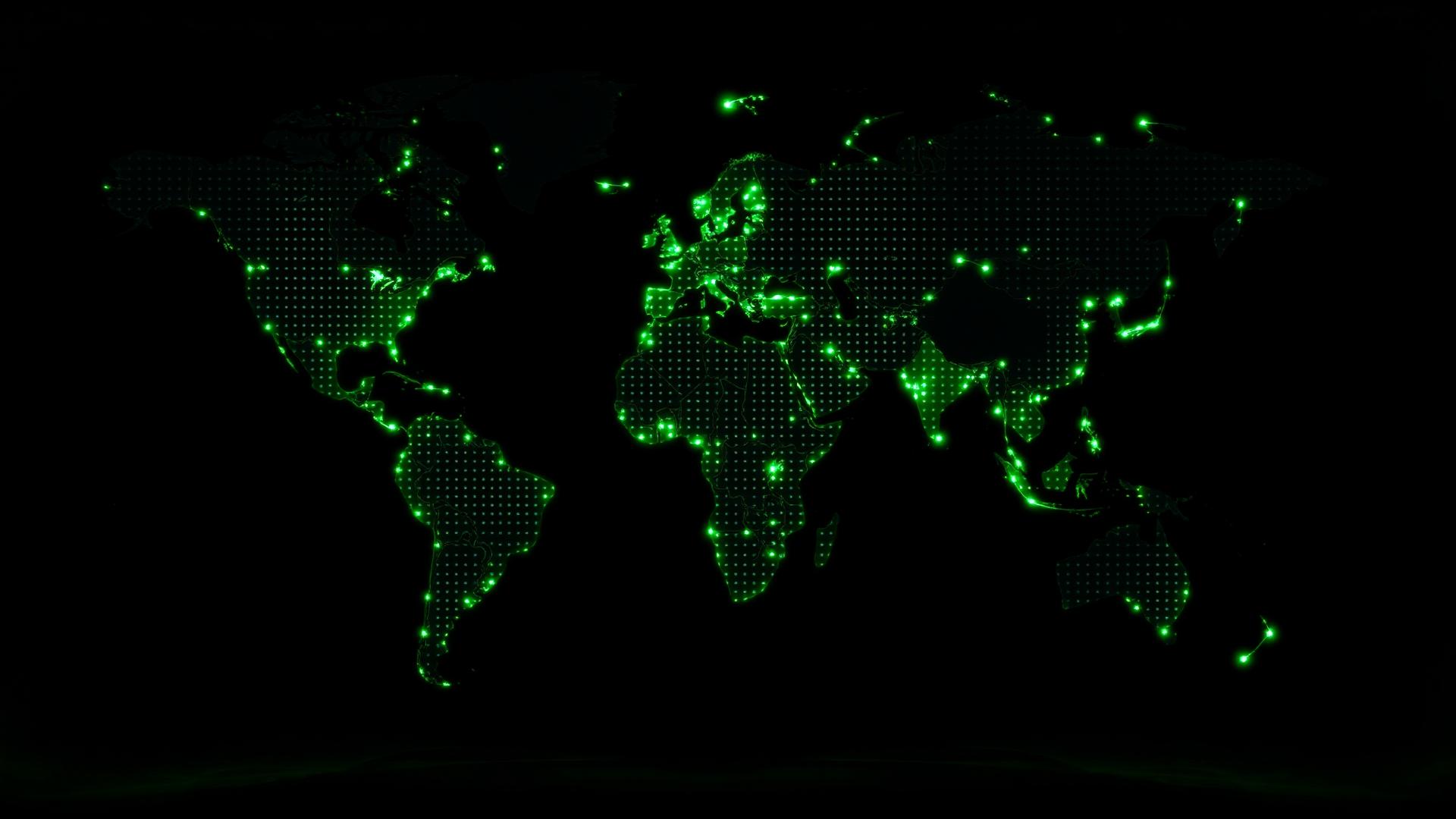 Glowing network of global business connections across a world map